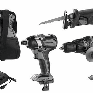  Pack SCHNEIDER 20V | 4 Ferramentas + 2 Baterias 5Ah | Serra Sabre, Impacto 200Nm, Circular, Berbequim 50Nm