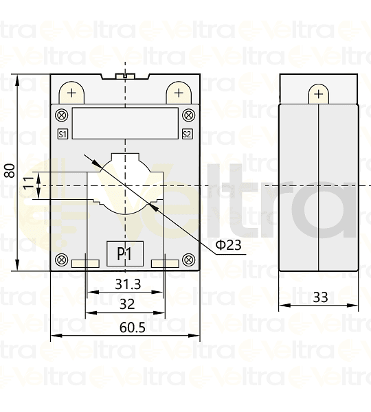 TRANSFORMADOR DE CORRIENTE 50/5A VENTANA Ø 23MM O BARRA 10x30MM, MEDIDAS EXTERIORES 80X60,5X33MM BH-0.66 30I CHINT