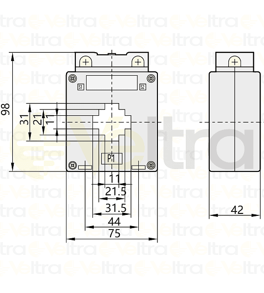 TRANSFORMADOR DE CORRIENTE 150/5A VENTANA Ø 21MM O BARRA 10x30 - 20x20MM, MEDIDAS EXTERIORES 98X75X42MM BH-0.66 30IB CHINT