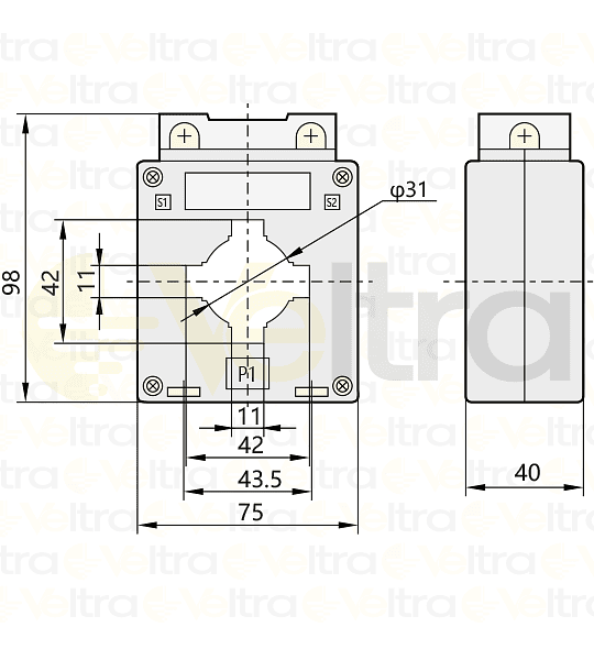 TRANSFORMADOR DE CORRIENTE 200/5A VENTANA Ø 31MM O BARRA 10x40MM, MEDIDAS EXTERIORES 98X75X40MM BH-0.66 40I CHINT