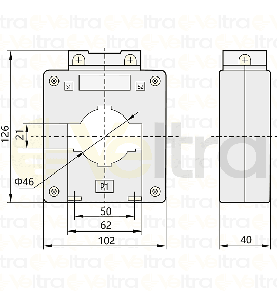 TRANSFORMADOR DE CORRIENTE 800/5A VENTANA Ø 46MM O BARRA 20x60MM, MEDIDAS EXTERIORES 126X102X40MM BH-0.66 60I CHINT