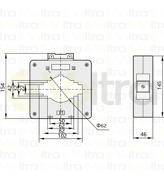 TRANSFORMADOR DE CORRIENTE 1200/5A VENTANA Ø 62MM O BARRA 20x100 - 30x80 - 40x60MM, MEDIDAS EXTERIORES 154X145X45MM BH-0.66 100I CHINT