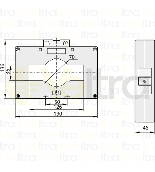 TRANSFORMADOR DE CORRIENTE 3000/5A VENTANA Ø 70MM O BARRA 36x126MM, MEDIDAS EXTERIORES 136X190X46MM BH-0.66 120I CHINT
