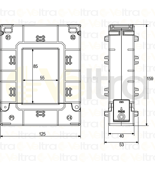 TRANSFORMADOR DE CORRIENTE NUCLEO PARTIDO 400/5A VENTANA 50X80MM, MEDIDAS EXTERIORES 159X125X53MM - 