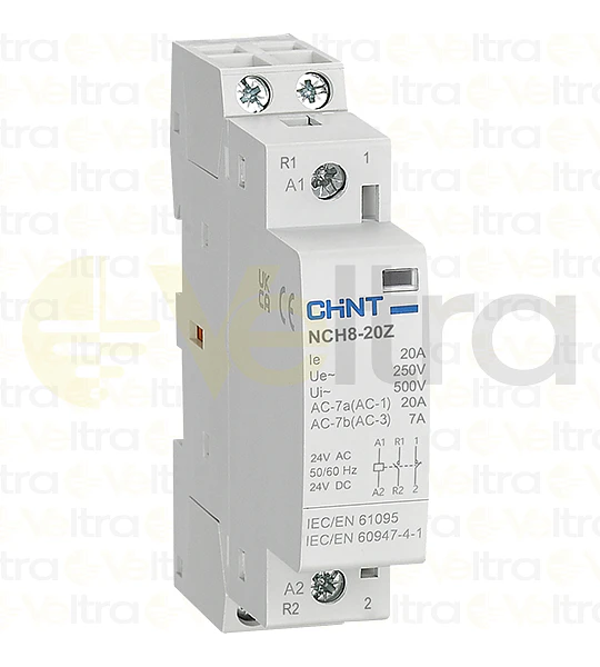 CONTACTOR MODULAR  230VAC 2P 20A 4KW CONTROL BOBINA 24VAC-DC 1NA+1NC NCH8