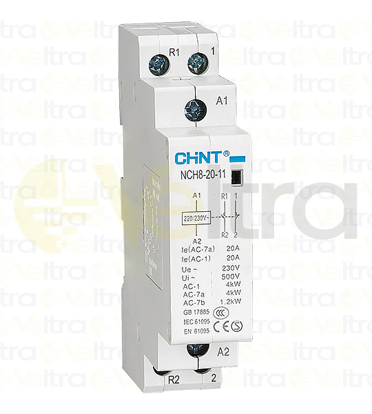 CONTACTOR MODULAR  230VAC 2P 20A 4KW CONTROL BOBINA 220VAC 1NA + 1NC NCH8