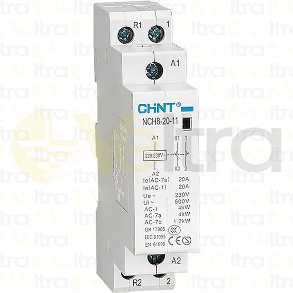 CONTACTOR MODULAR  230VAC 2P 20A 4KW CONTROL BOBINA 220VAC 1NA + 1NC NCH8