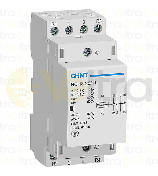 CONTACTOR MODULAR  400VAC 4P 25A 16KW CONTROL BOBINA 230VAC 2NA+2NC NCH8