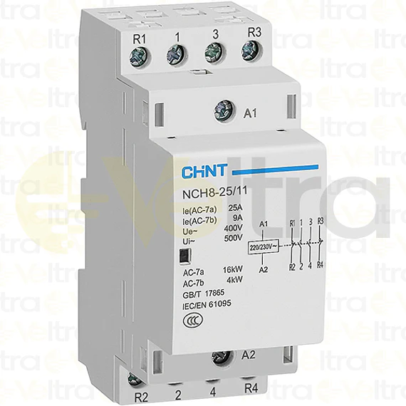 CONTACTOR MODULAR  400VAC 4P 25A 16KW CONTROL BOBINA 230VAC 2NA+2NC NCH8