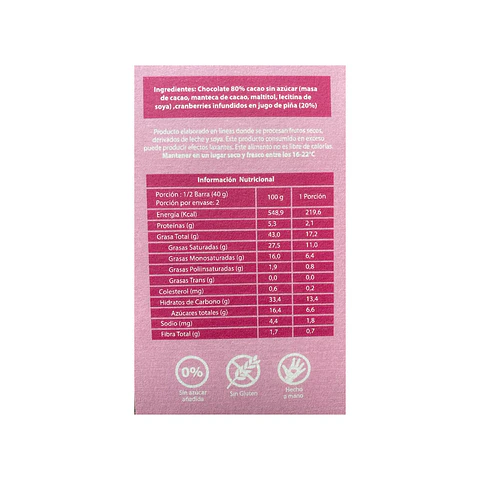 BARRA DE CHOCOLATE CRANBERRY - SABORES SIN CULPA