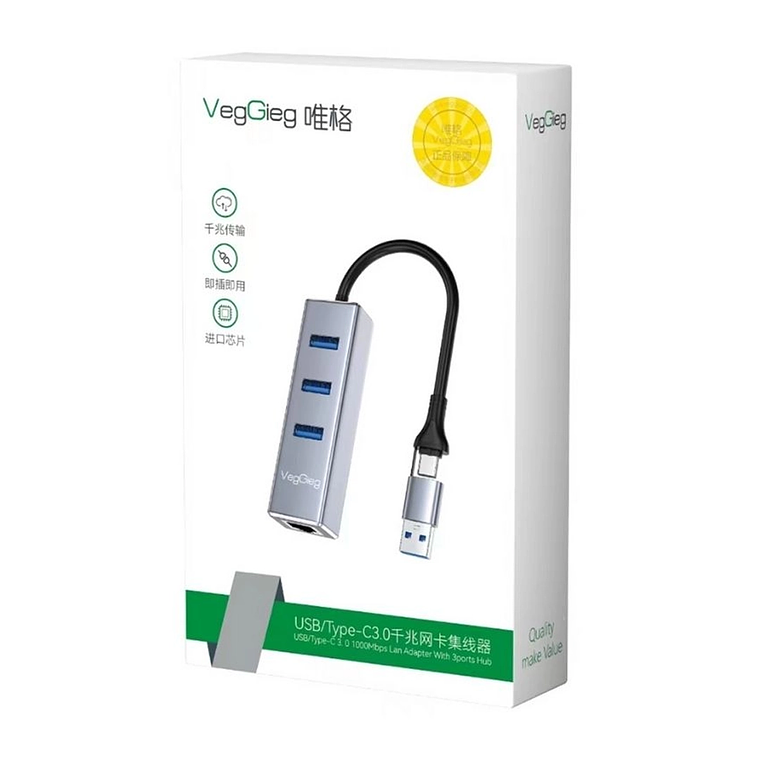 Adaptador LAN USB 3.0 con Hub 3 Puertos RJ45 1000Mbps VegGieg V-K310 2