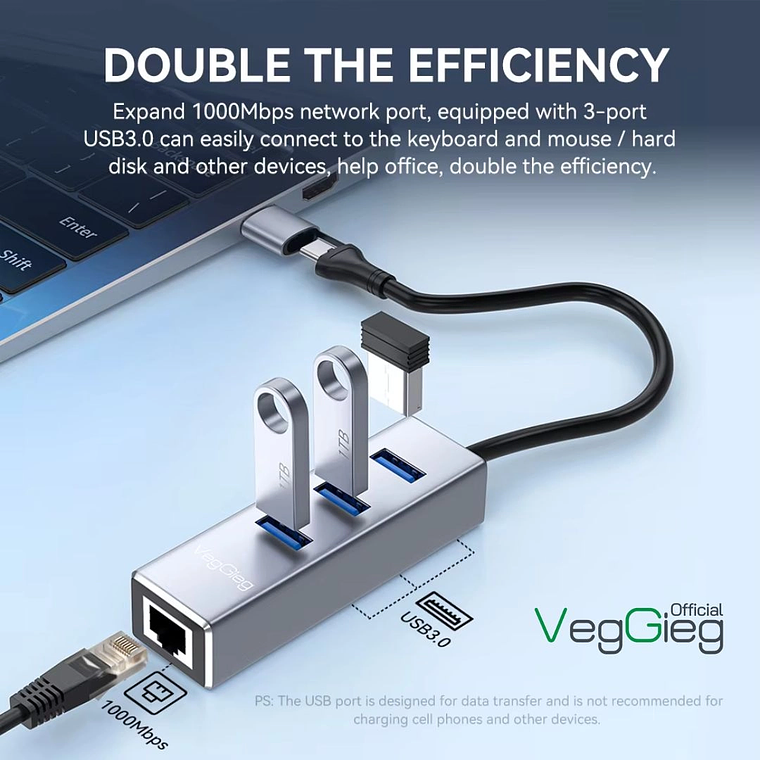 Adaptador LAN USB 3.0 con Hub 3 Puertos RJ45 1000Mbps VegGieg V-K310 4