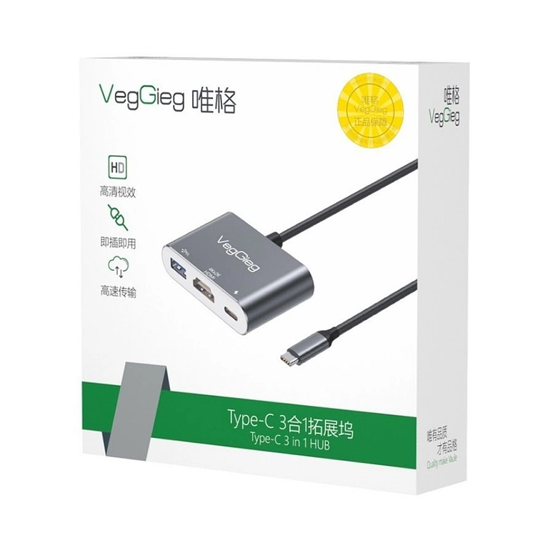 Adaptador USB Tipo-C 3 en 1 a HDMI + USB 3.0 + PD VegGieg V-TC03 2