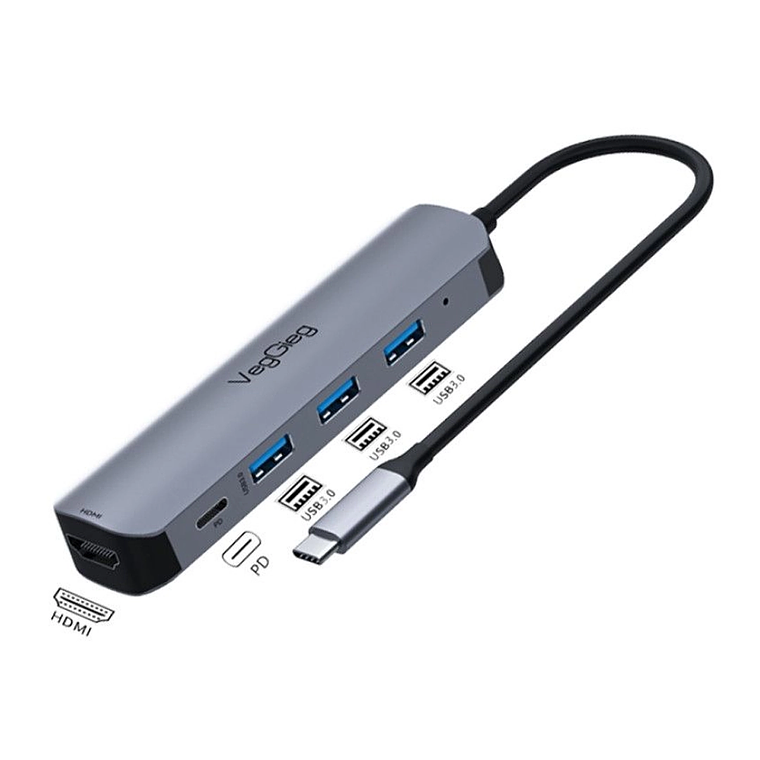 Adaptador USB Tipo-C 5 en 1 HDMI 4K + USB 3.0 + PD VegGieg V-TC05H 2