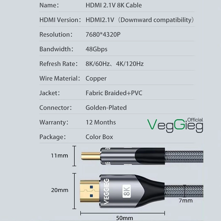 Cable HDMI 2.1 8K 60Hz / 4K 144Hz VegGieg – Alta Velocidad y Ultra Definición 5