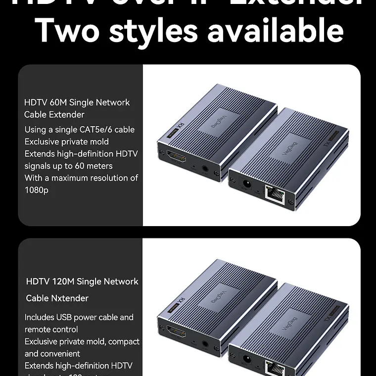 Extensor HDMI por Red 60 m VegGieg V-HE60 | HDMI a LAN Cat5e/6 | Full HD 1080p | Plug & Play 2