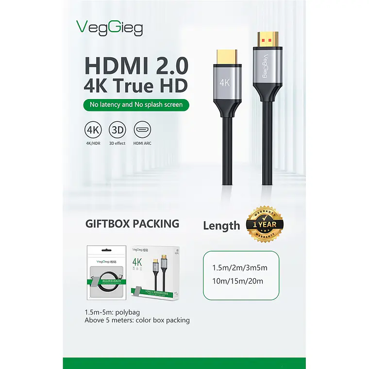 Cable HDMI Veggieg 4K 60Hz V2.0 para TV, Monitor y Consolas 2