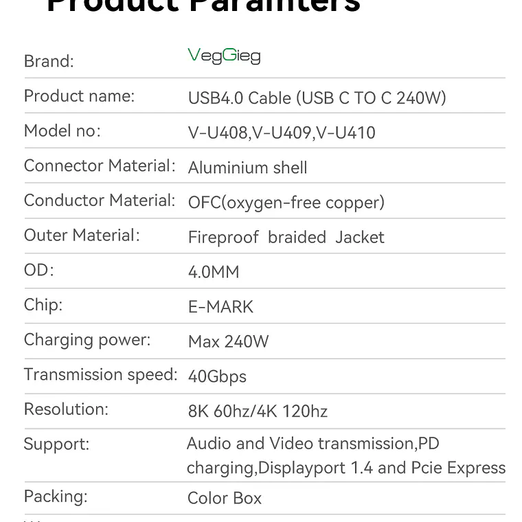 VegGieg Thunderbolt 4 – Cable USB-C 40Gbps con soporte 8K y carga rápida 240W 10