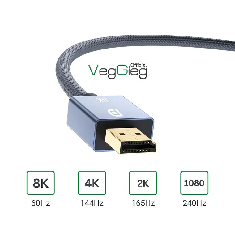 Cable DisplayPort 1.4 VeggieG  8K @ 60Hz / 4K @ 165Hz / 144Hz / 120Hz | 2m | Ultra rendimiento para gaming y diseño 3