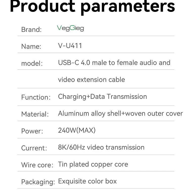 Cable Extensión USB-C VegGieg 40Gbps 240W 8K 1m Thunderbolt 4 11