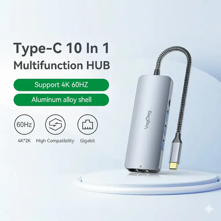 Hub Usb Tipo C 10 En 1 Usb 3.0 4k 60hz 100w Rj45 Veggieg 3