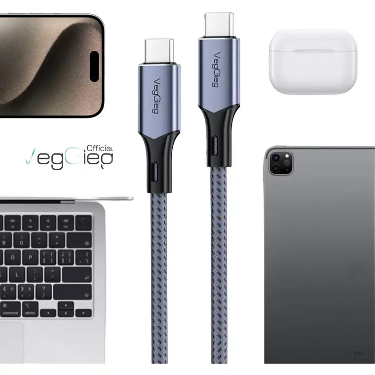 Cable Veggieg De Carga Rápida Tipo C A Tipo C 100 W Trenzado Gris 2
