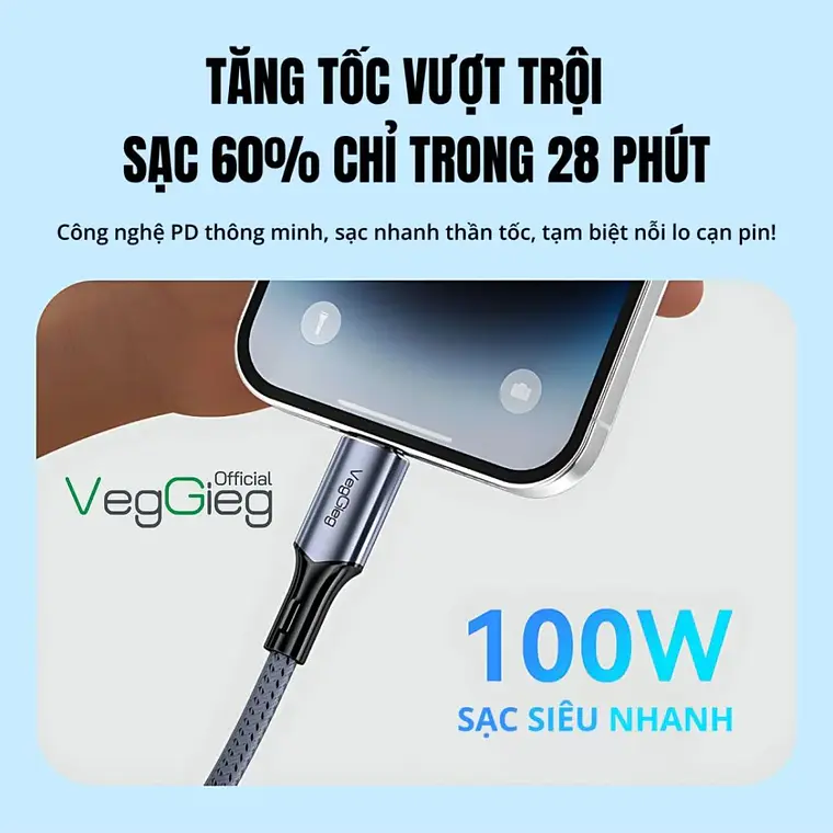 Cable Veggieg De Carga Rápida Tipo C A Tipo C 100 W Trenzado Gris 4