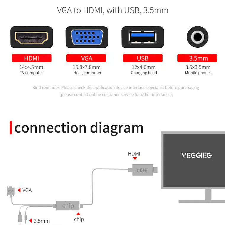 Adaptador VGA a HDMI con Audio y USB – VEGGIEG | 1080P Full HD 1.5 / 3 / 5 Metros 2