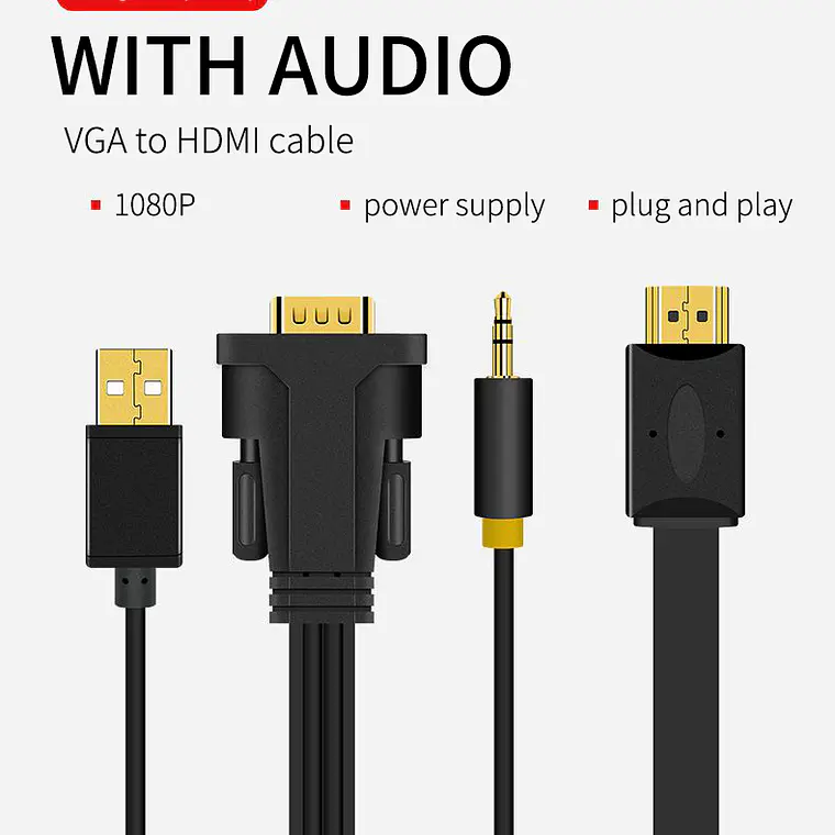Adaptador VGA a HDMI con Audio y USB – VEGGIEG | 1080P Full HD 1.5 / 3 / 5 Metros 10