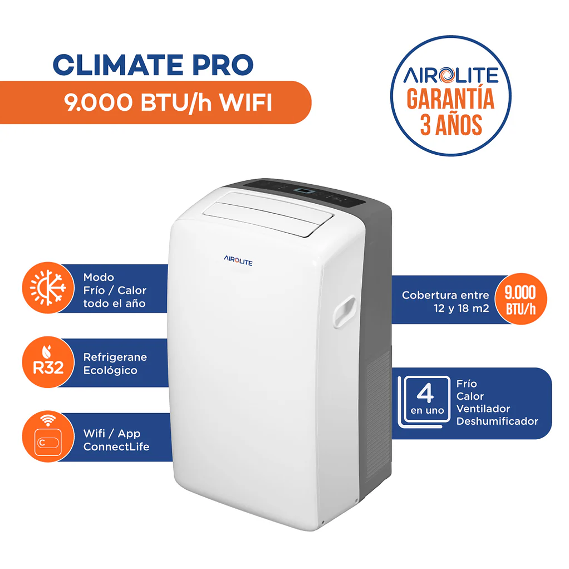 AIRE ACONDICIONADO PORTÁTIL AIROLITE CLIMATE PRO- 9000 BTU WIFI 2