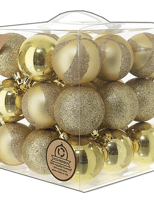 Caja 27 piezas bolas color oro 60 mm plástico reciclado VARIEDAD DE COLORES
