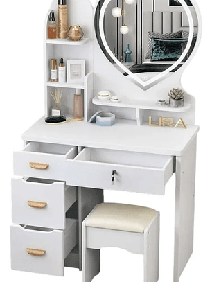 Tocador Corazon Con Asiento Llaves Y Luz Led ROSADO