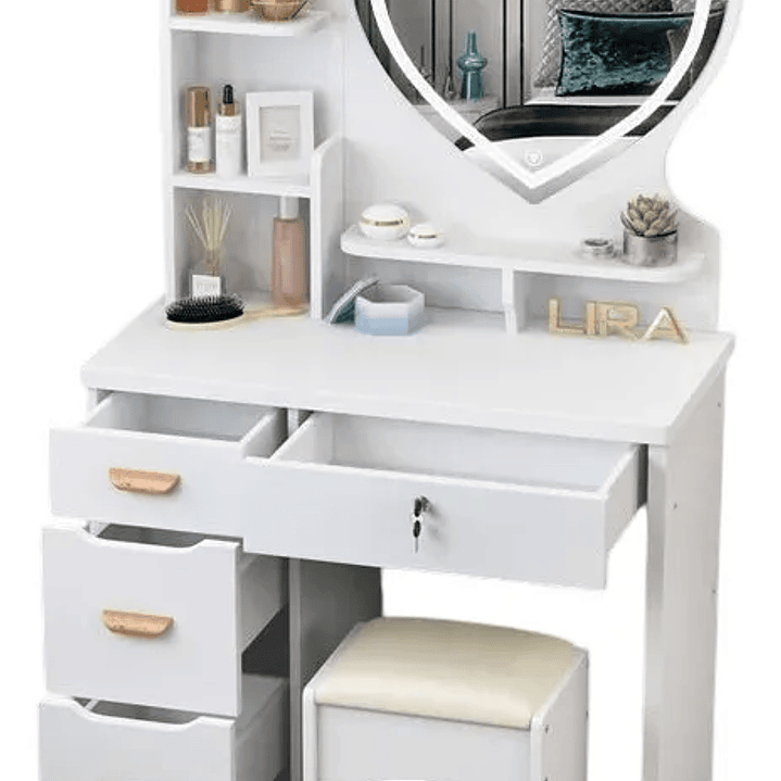 Tocador Corazon Con Asiento Llaves Y Luz Led ROSADO 1