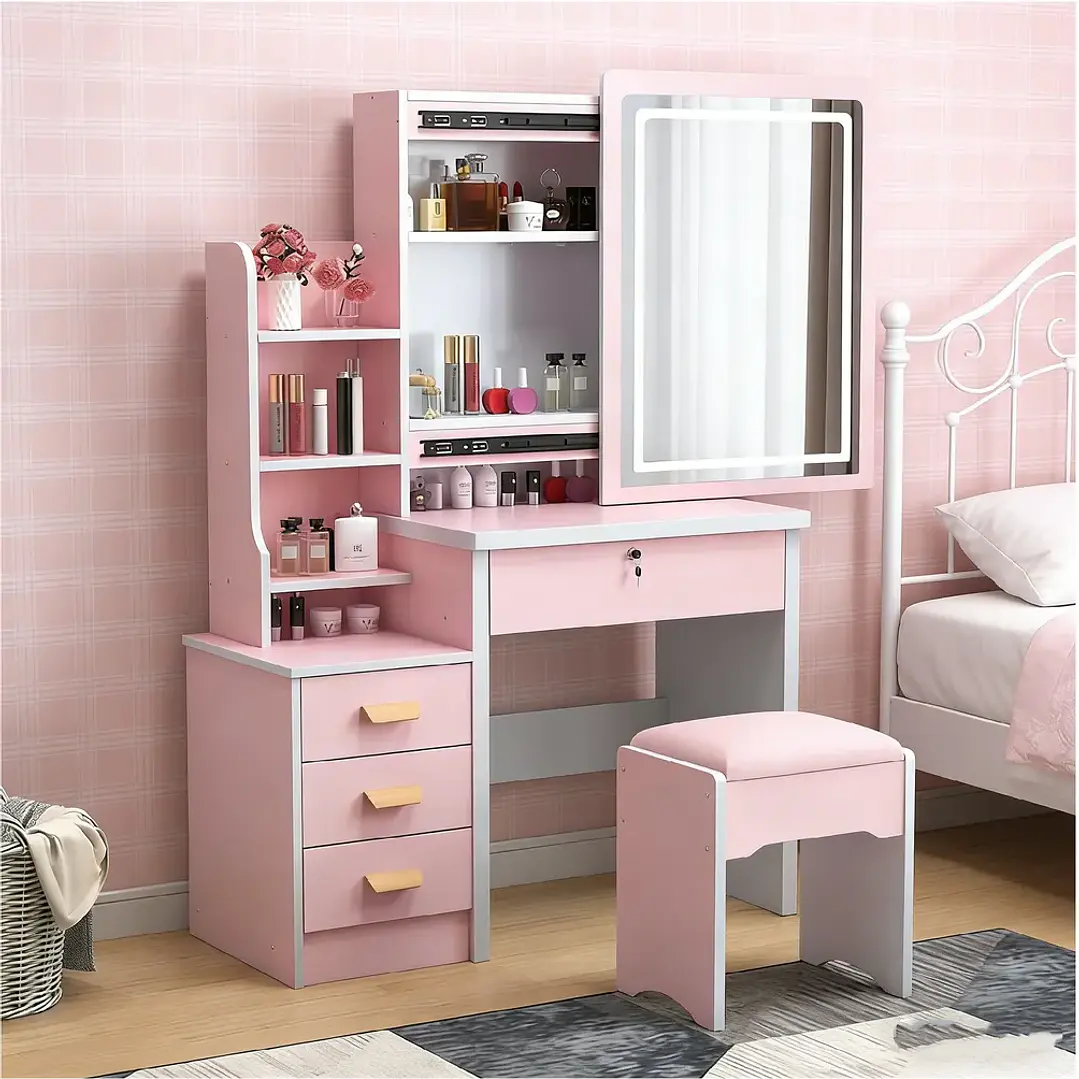 Tocador De Dormitorio Iluminado Espejo Con Luz Con Taburete Rosa 129*80*35cmTocador De Dormitorio Iluminado Espejo Con Luz Con Taburete Rosa 129*80*35cm Tocador De Dormitorio Iluminado Espejo Con Luz  2