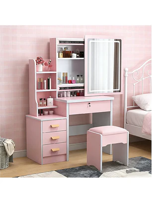 Tocador De Dormitorio Iluminado Espejo Con Luz Con Taburete Rosa 129*80*35cmTocador De Dormitorio Iluminado Espejo Con Luz Con Taburete Rosa 129*80*35cm Tocador De Dormitorio Iluminado Espejo Con Luz 