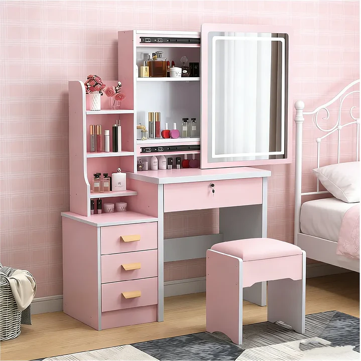 Tocador De Dormitorio Iluminado Espejo Con Luz Con Taburete Rosa 129*80*35cmTocador De Dormitorio Iluminado Espejo Con Luz Con Taburete Rosa 129*80*35cm Tocador De Dormitorio Iluminado Espejo Con Luz  2