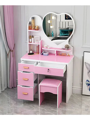 Tocador Corazon Con Asiento Llaves Y Luz Led ROSADO