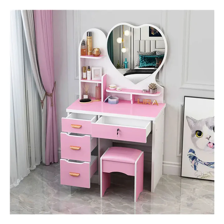 Tocador Corazon Con Asiento Llaves Y Luz Led ROSADO 1