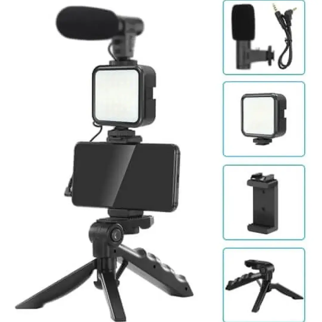 Kit De Grabación Con Micrófono Luz Led Y Soporte Tripode Color Negro 1