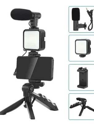 Kit De Grabación Con Micrófono Luz Led Y Soporte Tripode Color Negro
