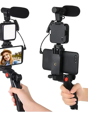 Kit De Grabación Con Micrófono Luz Led Y Soporte Tripode Color Negro