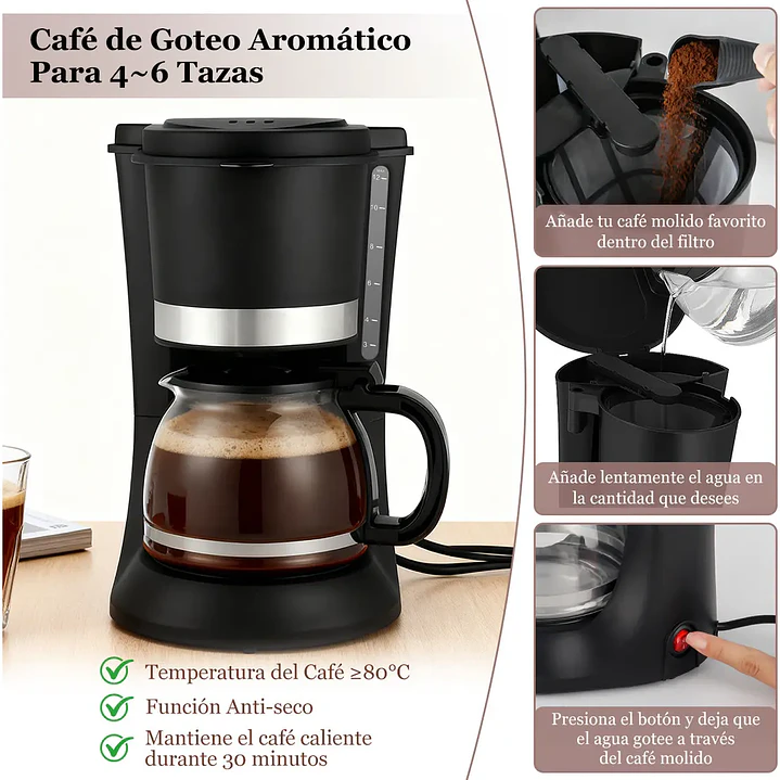 Cafetera Automática Eléctrica silver love, Hervidor Vidrio, 1.2l Negro, Cafetera de goteo de 12 tazas con pausa automática, filtro reutilizable, antigoteo, función de mantener el calor 2