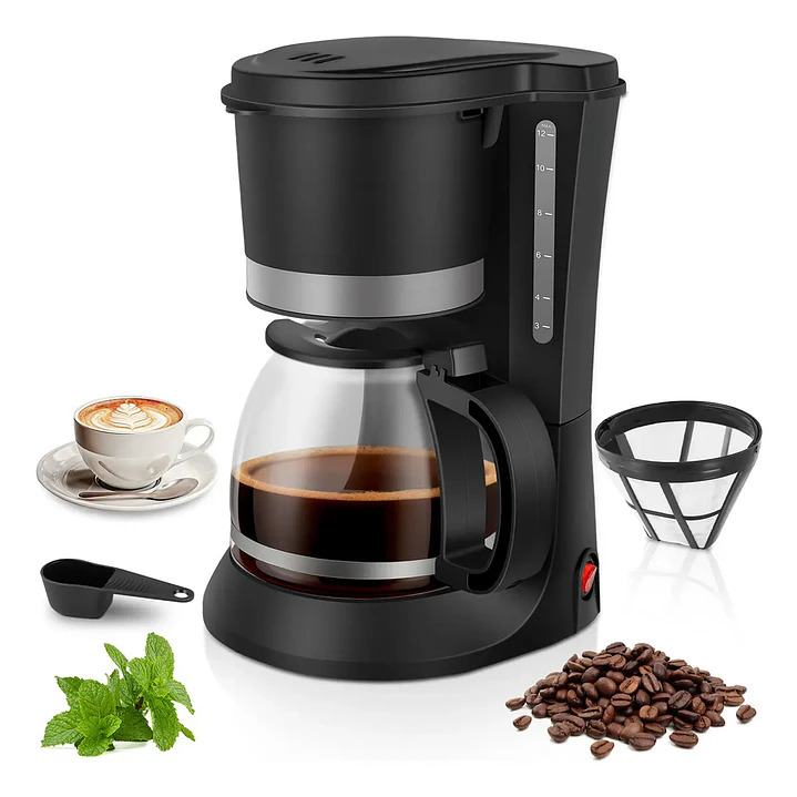 Cafetera Automática Eléctrica silver love, Hervidor Vidrio, 1.2l Negro, Cafetera de goteo de 12 tazas con pausa automática, filtro reutilizable, antigoteo, función de mantener el calor 1