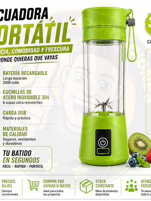 Licuadora Portátil Recargable USB Verde Batidos Smoothies