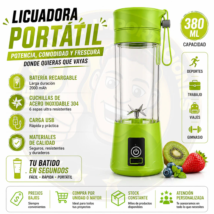 Licuadora Portátil Recargable USB Verde Batidos Smoothies 1