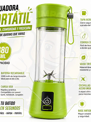 Licuadora Portátil Recargable USB Verde Batidos Smoothies