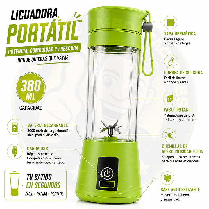 Licuadora Portátil Recargable USB Verde Batidos Smoothies 2