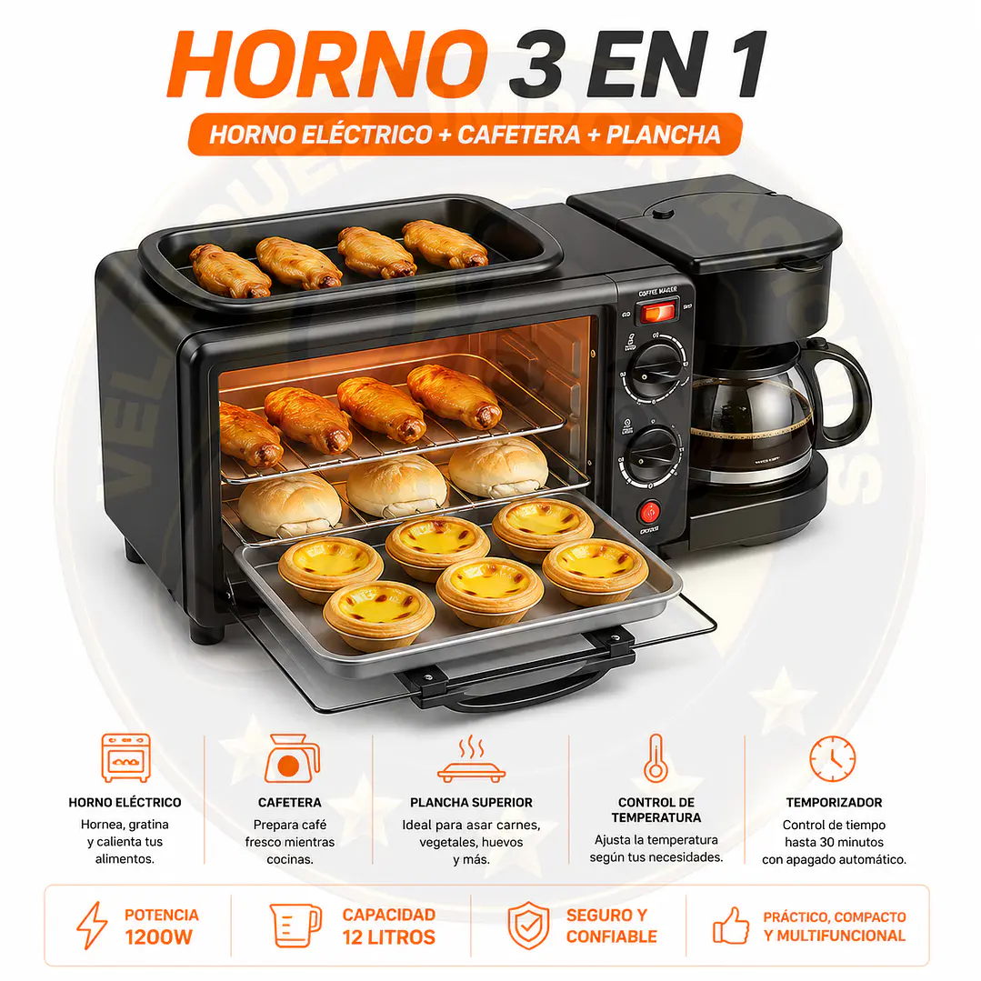 Desayunador 3 En 1 Horno Cafetera Sarten Color Negro 1