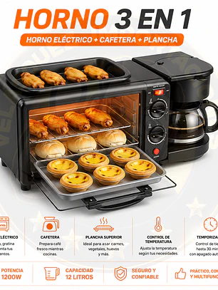Desayunador 3 En 1 Horno Cafetera Sarten Color Negro