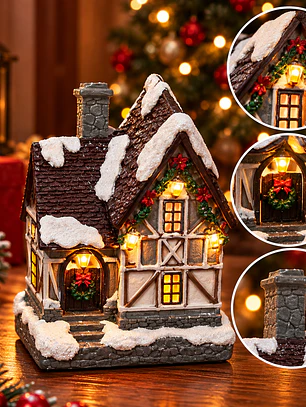 Mini Villa Navideña con Casa Nevada e Iluminación LED